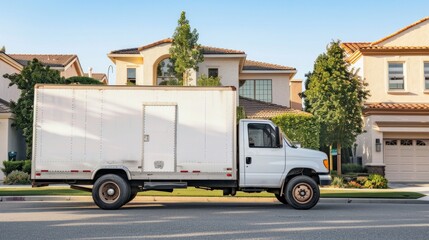Delivery truck with blank white board for mockup information is parked at urban street with stone road and sidewalk