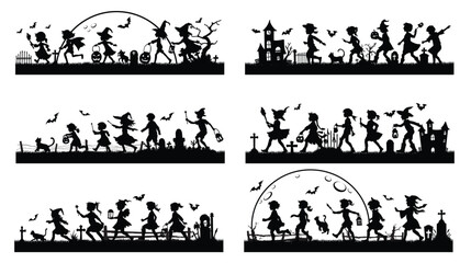 Set of trick or treat silhouettes , Spooky halloween border illustration,Cute Cartoon Style Illustration for Kids' Holiday Halloween vector for decoration or sticker