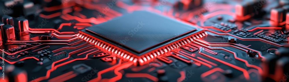 Poster close-up of a computer microchip with glowing red circuits, showcasing advanced technology in electr