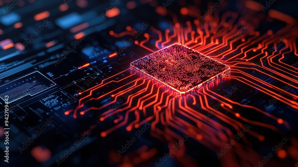 Poster close-up of a futuristic computer chip showcasing intricate circuit design and glowing red connectio