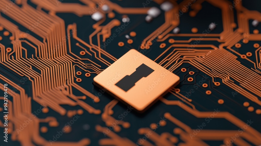 Aufkleber close-up of a golden microchip on a dark circuit board showcasing modern technology and intricate de