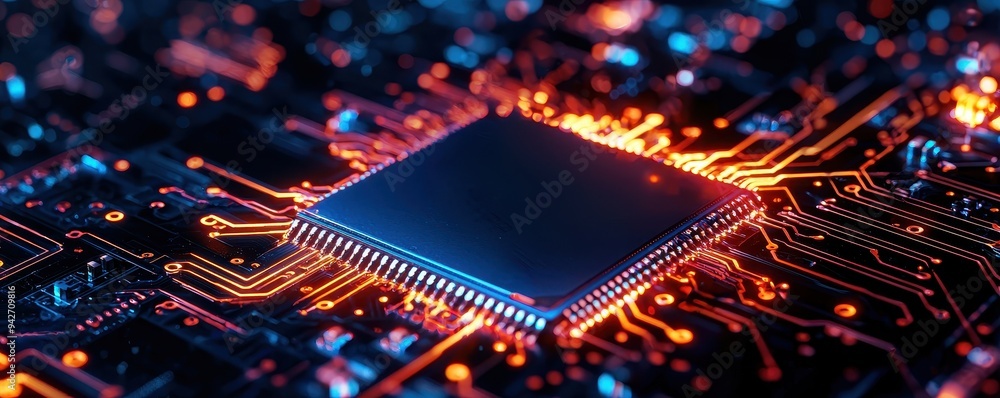 Aufkleber close-up view of a microchip on a circuit board, showcasing intricate details and vibrant circuitry.