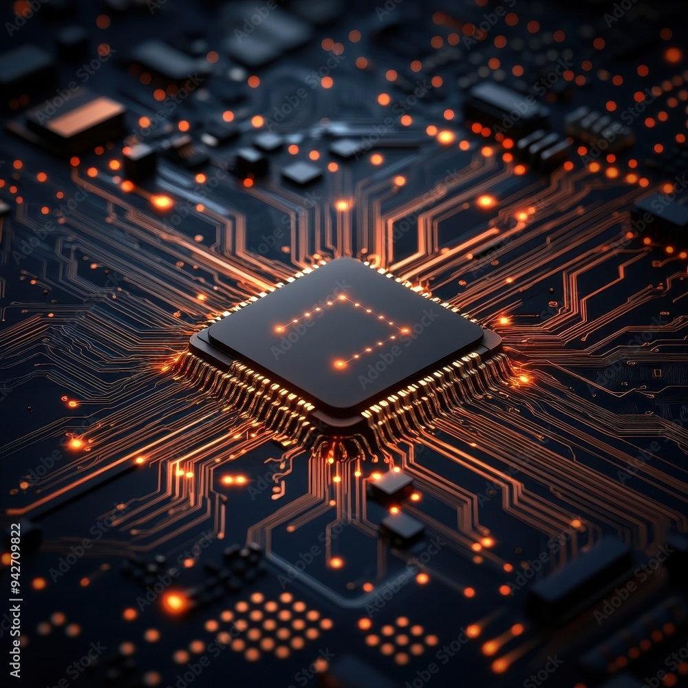 Poster close-up view of a modern microchip with glowing circuits and intricate details, symbolizing advance