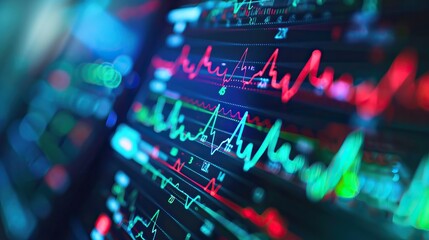 Fototapeta premium Colorful stock market graphs and charts on digital display showcasing financial data analysis and investment performance concept