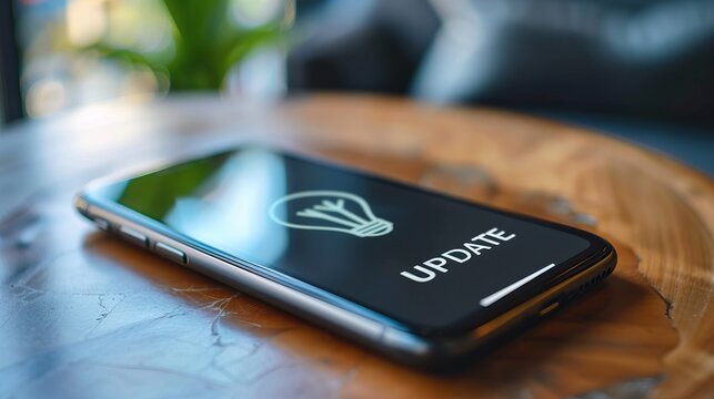 Smartphone with update text on screen lying on wooden surface next to plant showcasing software upgrade concept in home office setting
