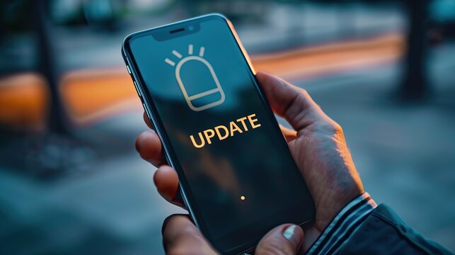 Hand holding smartphone with update notification on screen in dark setting highlighting software or app upgrade concept