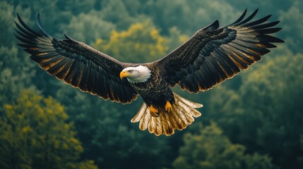 Obraz premium Majestic Bald Eagle Soaring Above Lush Forest Canopy - Symbol of Freedom and Power in Nature's Realm