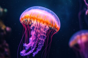 Jellyfish in bright fluorescent colors with a dark background, ai