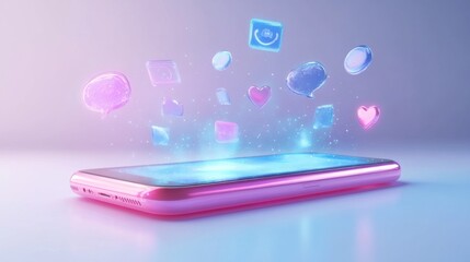 Smartphone with Holographic Social Media Icons and Glittering Effects