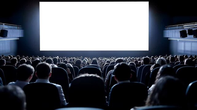 A large, empty movie screen in a dark theater, with an audience waiting for the show to begin.