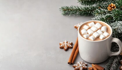 A cozy cup of hot chocolate with marshmallows, cinnamon sticks, and Christmas cookies on a winter background with festive decorations.