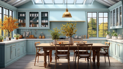 Modern kitchen with light blue cabinets, a wooden dining table adorned with vibrant floral arrangements, and large windows.