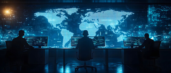 A group of professionals sitting at their desks, analyzing global data on computer screens with large monitors displaying world maps and data points, creating an atmosphere of national security.