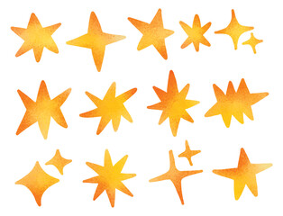 Hand-Painted Watercolor Star Doodle Set | Abstract Orange and Yellow Star Shapes for Celestial, Holiday, and Decorative Designs
