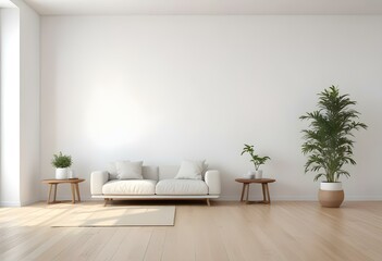 A modern living room with a white sofa, wooden side tables, and a potted plant in the corner against a plain white wall.