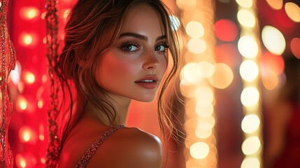 Elegant Woman Admiring Reflection in Mirror Column at a Masquerade Ball, Glittering Masks, Opulent Evening, Glamorous Self-Appreciation