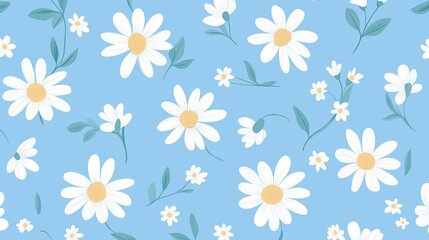 Fototapeta premium A seamless floral pattern featuring white daisies and leaves on a pastel blue background, perfect for textile and wallpaper designs