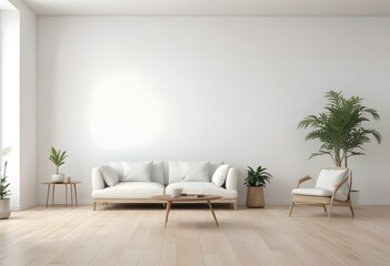 A modern living room with a white sofa, wooden side tables, and a potted plant in the corner against a plain white wall.