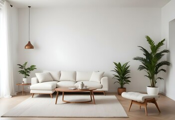 A modern living room with a white sofa, wooden side tables, and a potted plant in the corner against a plain white wall.