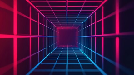 Futuristic 3D tunnel with neon light grid pattern in blue and pink, creating a captivating sci-fi visual effect and depth perception.