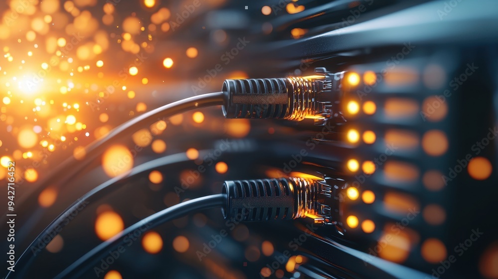 Poster close-up of network cables with glowing lights, showcasing high-speed data transfer and modern techn