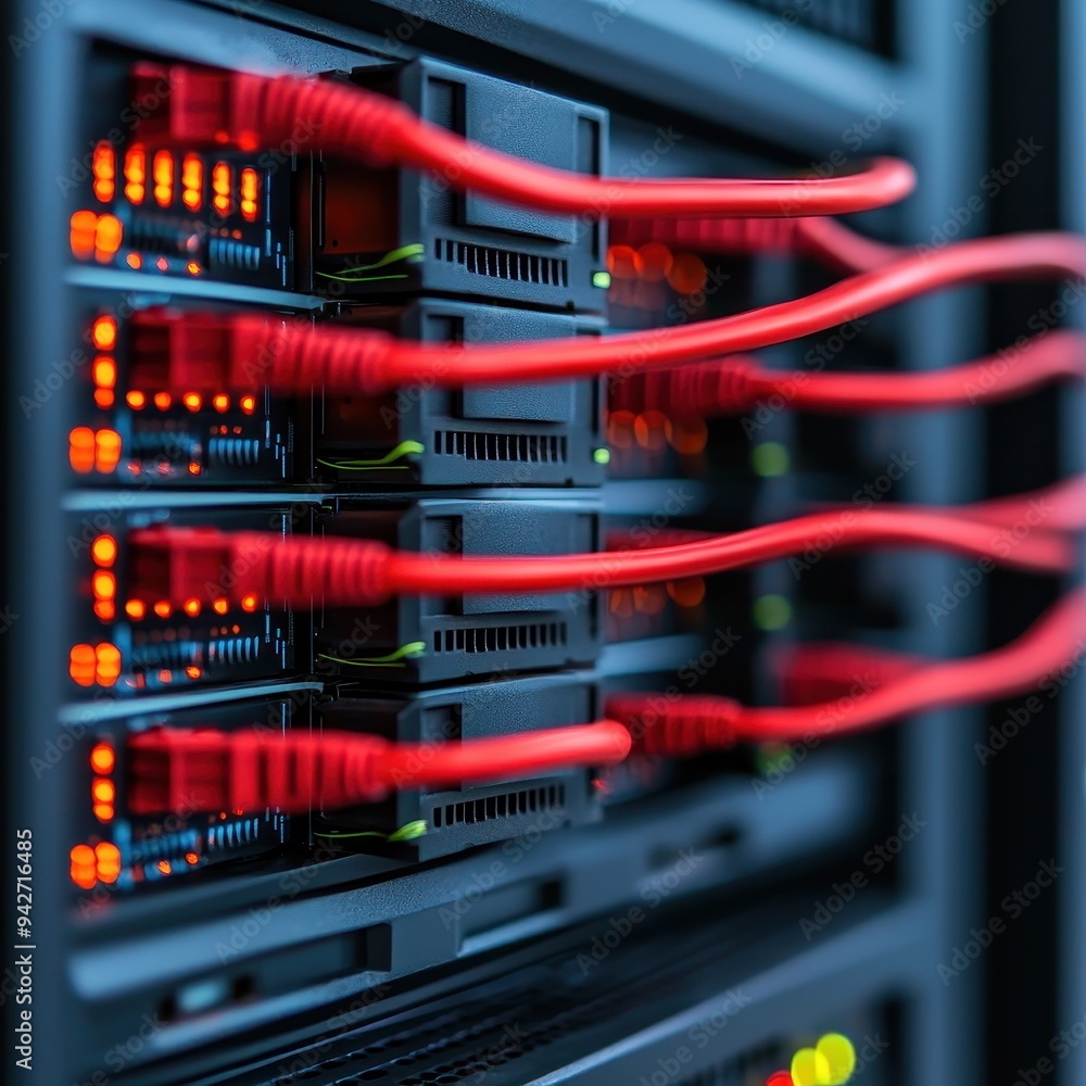 Aufkleber close-up of illuminated server hardware with red network cables, showcasing modern data center techn