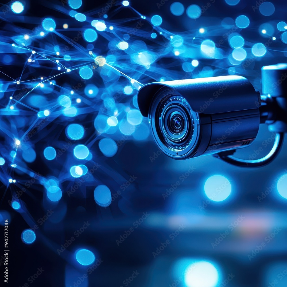 Poster high-tech surveillance camera with blue bokeh lights, representing advanced security technology in a