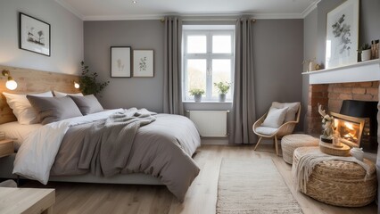 Cozy Bedroom Interior with Fireplace and Natural Elements