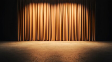 Empty stage with closed golden curtains illuminated by spotlights, creating a dramatic and mysterious atmosphere.