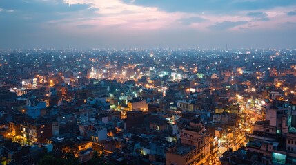 Aerial view of an Indian cityscape at dusk, mix of modern and traditional buildings, soft twilight glow