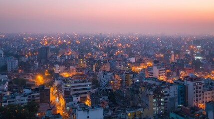 Fototapeta premium Aerial view of an Indian cityscape at dusk, mix of modern and traditional buildings, soft twilight glow