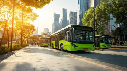 Naklejka premium Electric buses at a modern urban station a vision of eco friendly city transportation