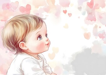 A cute baby with blonde hair and blue eyes looking up at pink hearts in a watercolor background. Template for quotes.