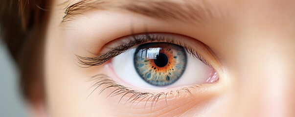 Naklejka premium Close-up view of a child's strikingly colored eye showcasing unique patterns and hues, capturing the depth of his gaze