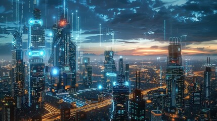 Fototapeta premium Smart city with integrated technology, illustrating urban future