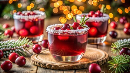Festive cranberry cocktail with sugar rim and rosemary garnish in winter holiday setting