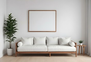 A minimalist living room with a wooden sofa, white cushions, and a blank frame on the wall.
