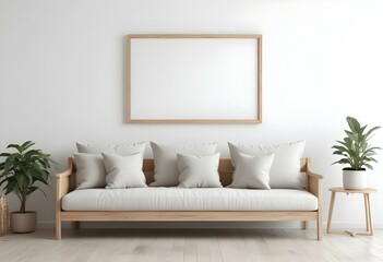 A minimalist living room with a wooden sofa, white cushions, and a blank frame on the wall.