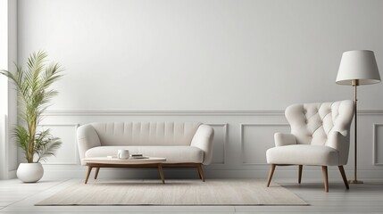 Minimalist Living Room with White Sofa, Armchair, and Floor Lamp