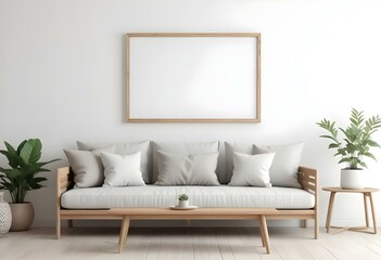 A minimalist living room with a wooden sofa, white cushions, and a blank frame on the wall.