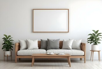 A minimalist living room with a wooden sofa, white cushions, and a blank frame on the wall.