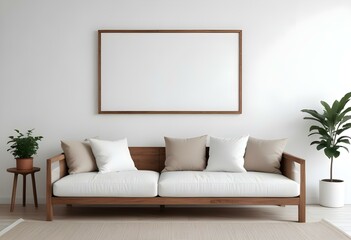 A minimalist living room with a wooden sofa, white cushions, and a blank frame on the wall.