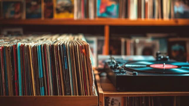 A vibrant collection of classic vinyl records is neatly arranged on wooden shelves beside a turntable, inviting music lovers to enjoy timeless tunes in a warm setting