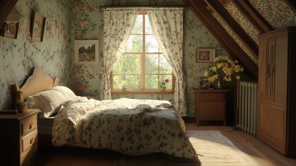 cottagecore bedroom, Natural elements: Bringing nature into the home. Soft color palette: nostalgia and tranquility. Vintage furniture and flea market finds, 1:9