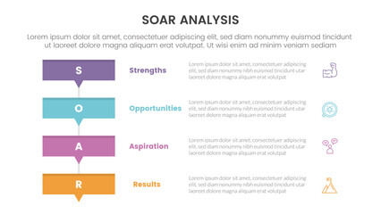 soar analysis framework infographic with rectangle box stack with small arrow bottom with 4 point list concept for slide presentation