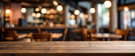 Wooden Tabletop with Blurred Background of a Cafe Interior