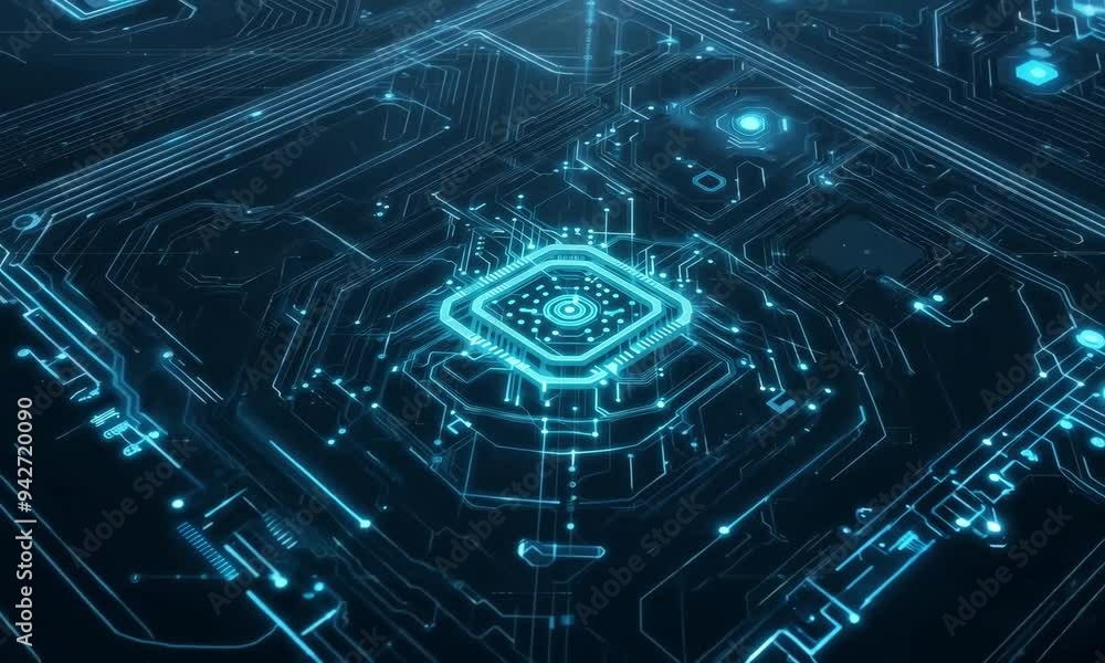 Poster exploring the intricate design of a futuristic circuit board illuminated with vibrant blue lights an