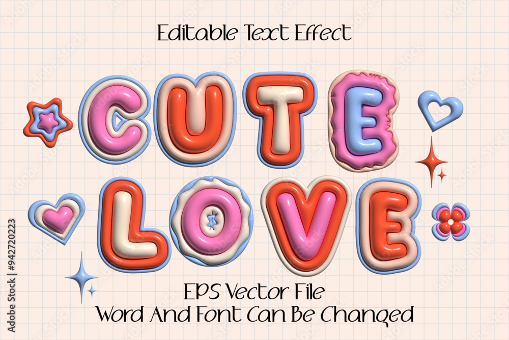 Poster cute love 3d inflated text style. glossy pastel color inflated editable vector text effect