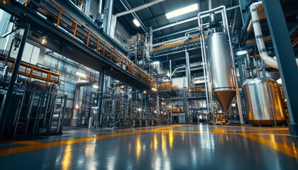 Fototapeta premium Interior view of a large scale industrial manufacturing plant featuring automated production systems
