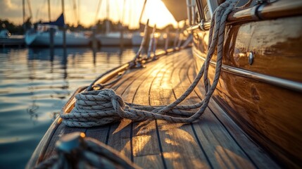 Obraz premium The classic wooden sailboat rests at the dock as the sun sets, casting golden rays on the water's surface, and a coiled rope rests on the polished deck